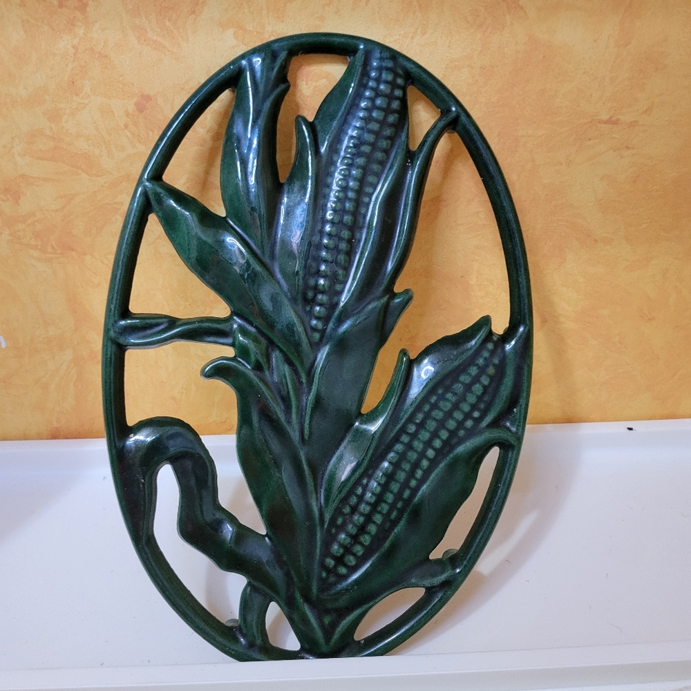 Vtg France Invicta Cast Iron Trivet Cornstalk Design Enameled Forest Green